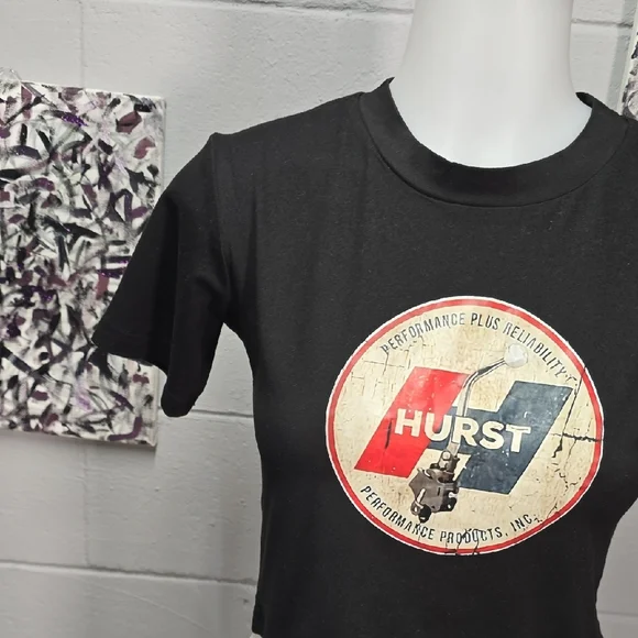 HURST Black Cropped Graphic Tee with Red & Blue Logo - Picture 3 of 6